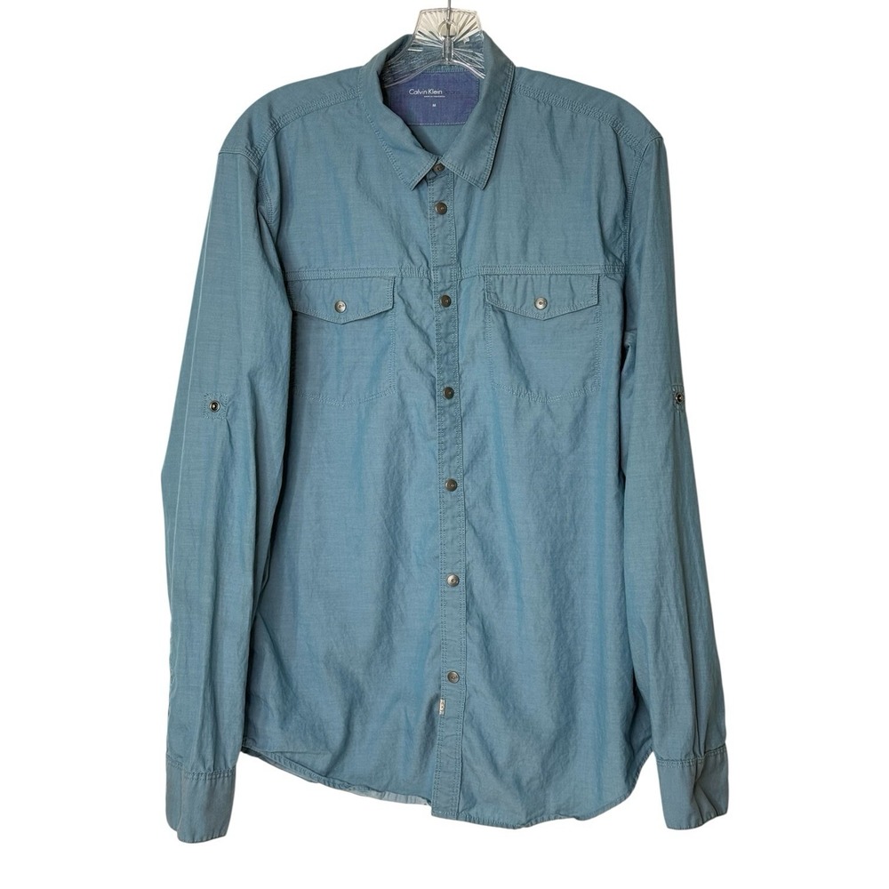Calvin Klein Blue Iridescent Long Sleeve Snap Collared Shirt‎ Men's M